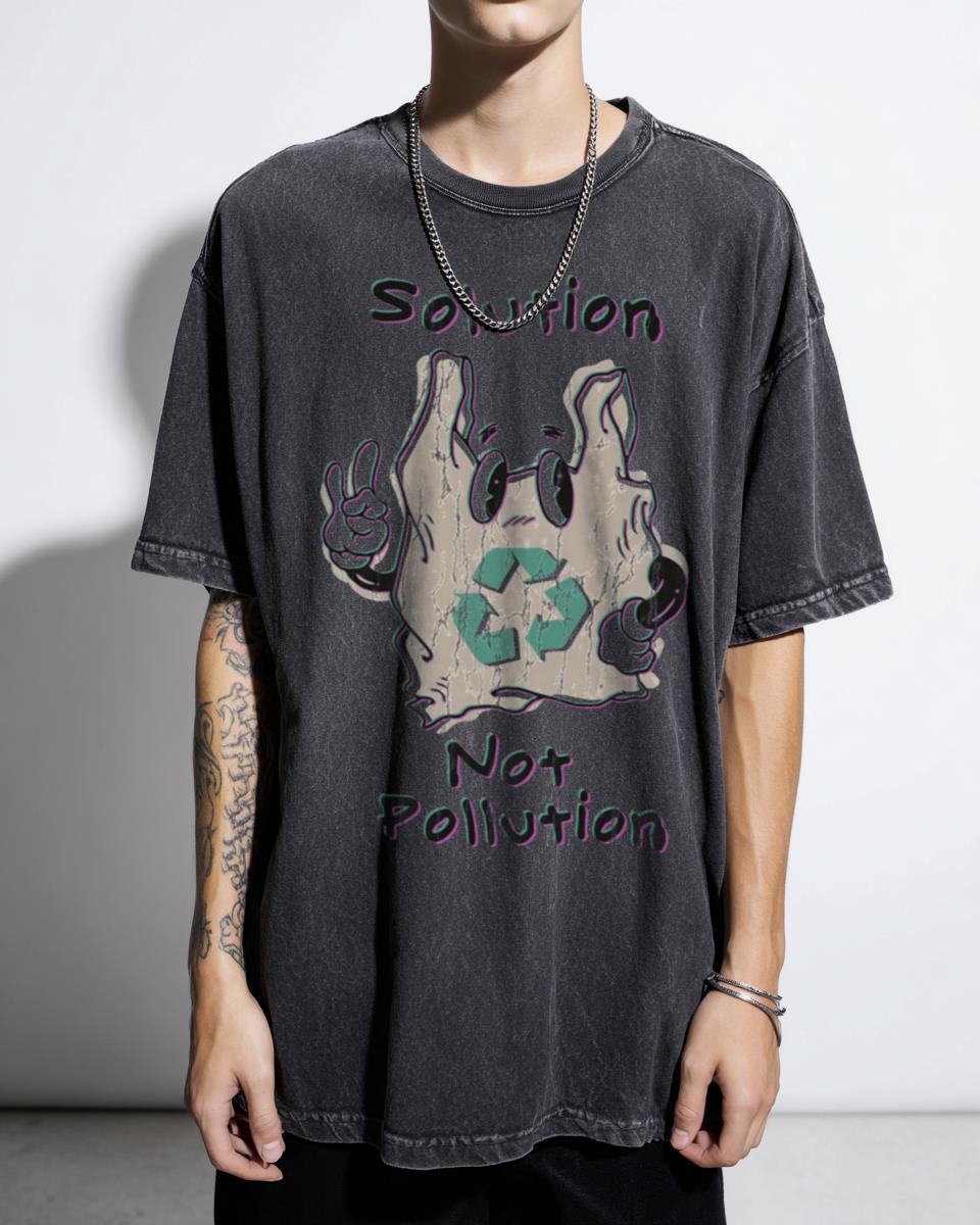 Retro Cartoon Solution Not Pollution T-Shirt - Environmental Awareness Unisex