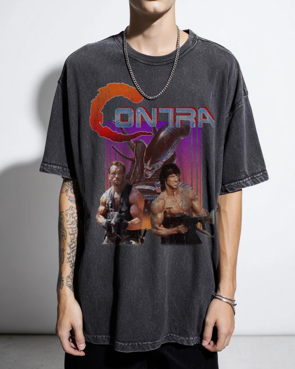 Retro "Contra Movie Game" T-Shirt - Arnold Schwarzenegger vs Sylvester Stallone
