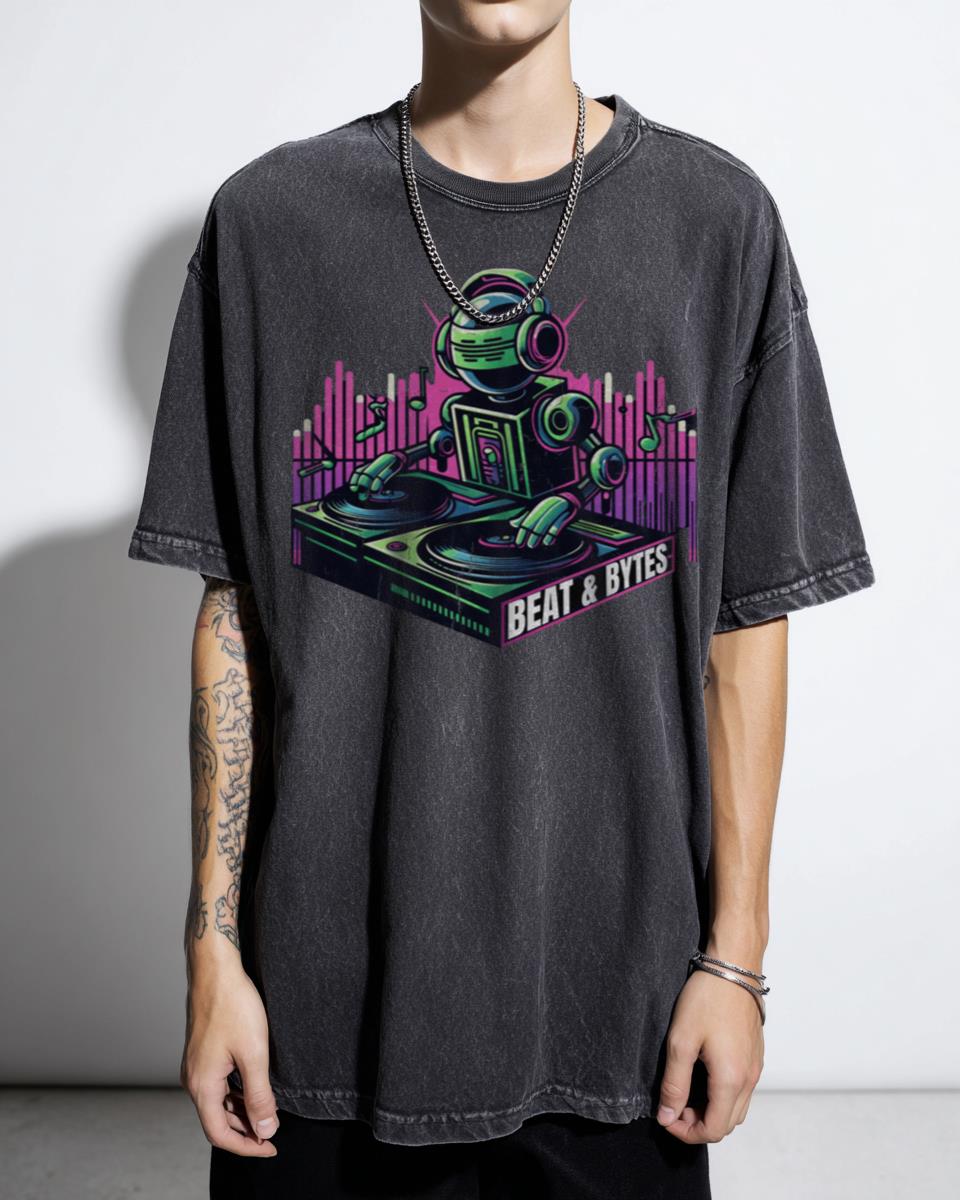 Retro Futuristic "Robo Rhythms" Neon Robot DJ T-Shirt - Electronic Music Unisex