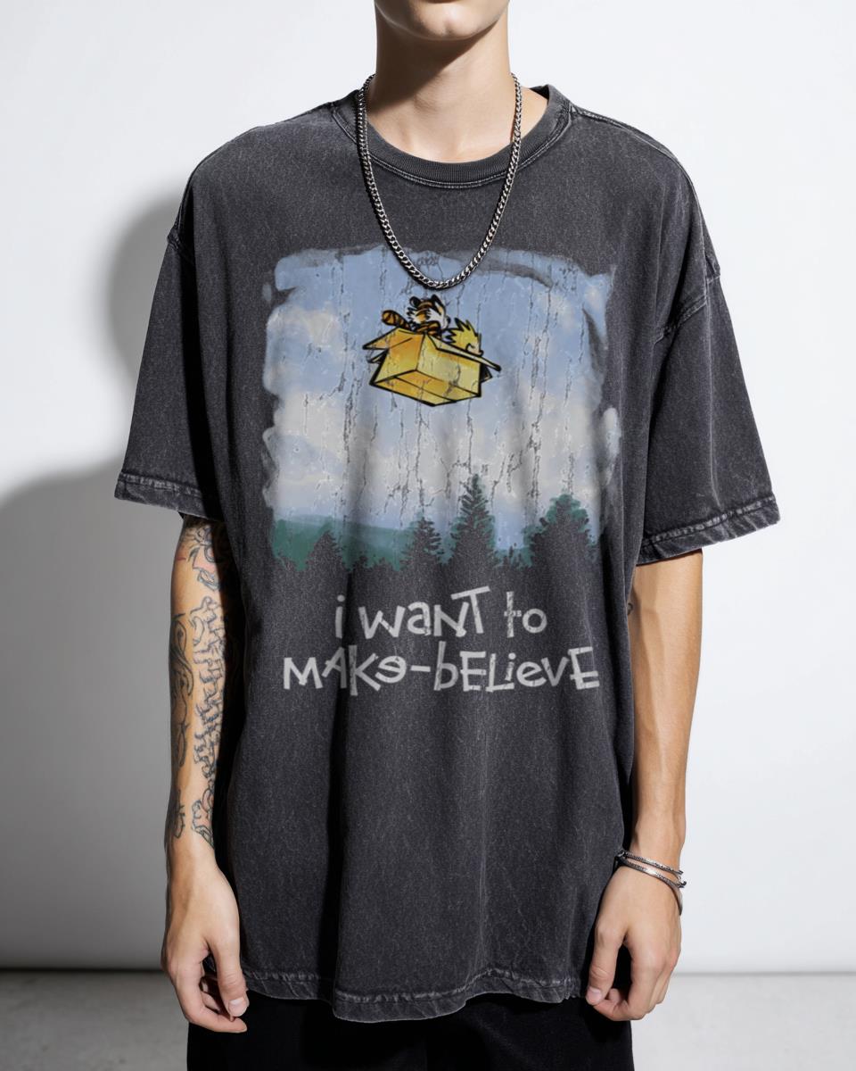 Retro 'I Want To Make Believe' Calvin & Hobbes X-Files UFO T-Shirt - Pop Culture Sci-Fi Fan Gift