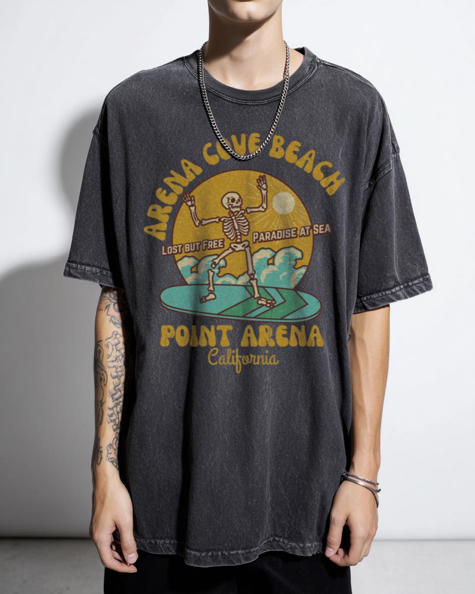 Retro Sixties Arena Cove Beach California T-Shirt - Vintage Skeleton Surf Art