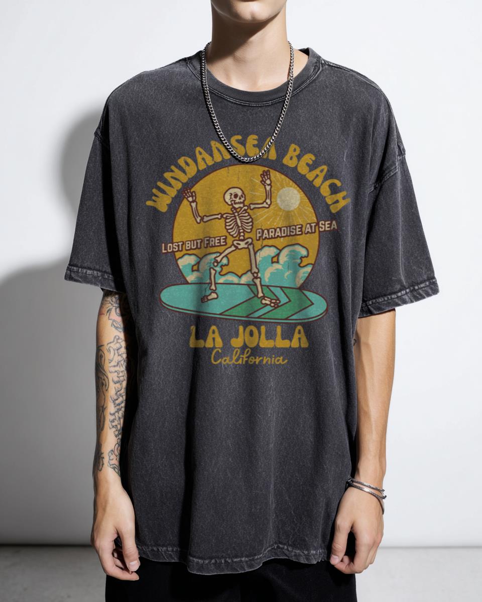 Retro Sixties Windansea Beach La Jolla California T-Shirt - Vintage Skeleton Surf Art