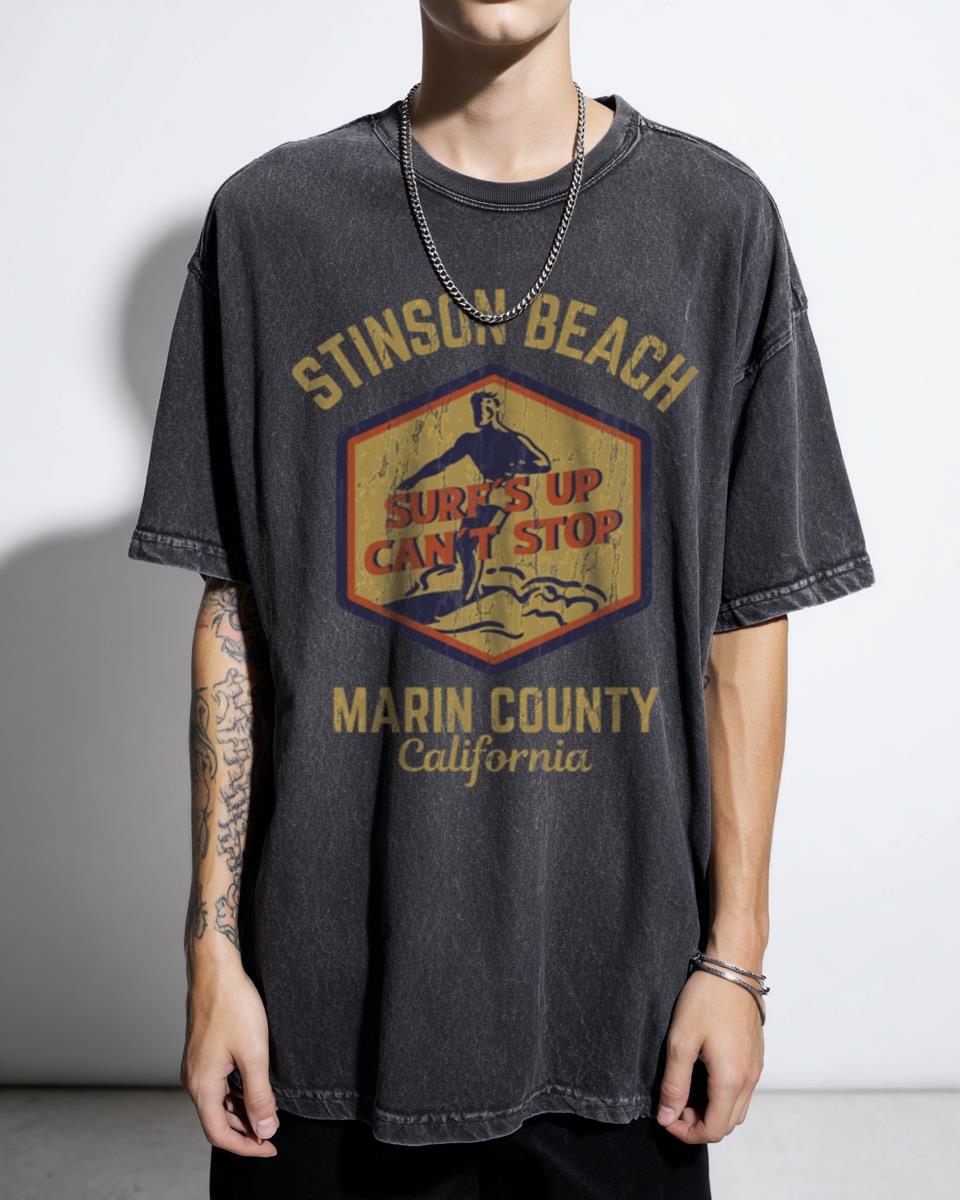 Retro Stinson Beach California T-Shirt | Gold Text Surf Tee
