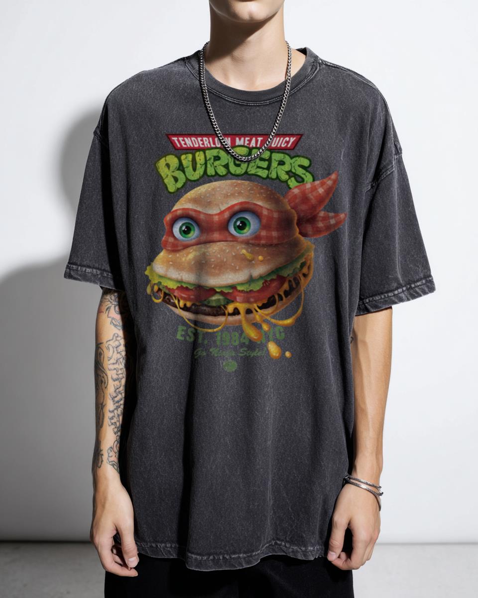Retro TMNT Tenderloin Meat Burgers T-Shirt - 80s Cartoon Foodie Tee