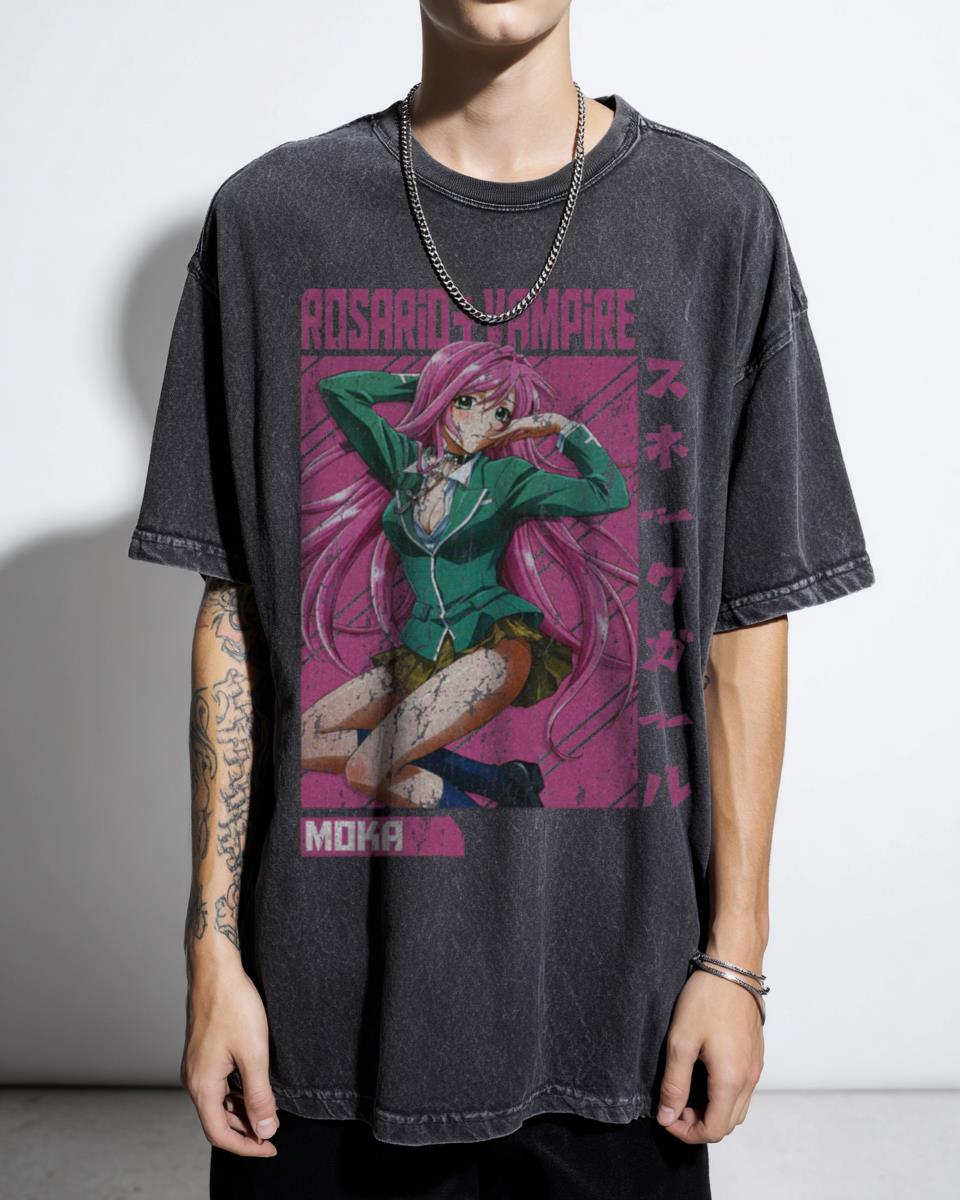Rosario + Vampire Moka Anime T-Shirt | Black Acidwash Manga Tee