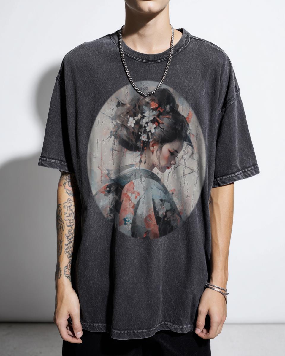 Sad Japanese Geisha Art Print Graphic T-Shirt - Kawaii Kimono Asian Culture Female