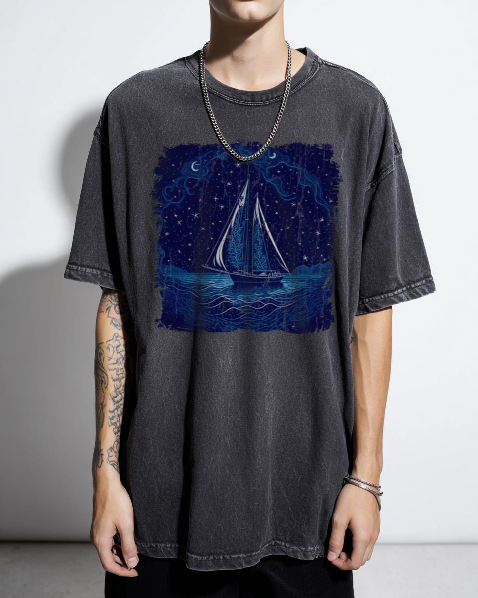Sailboat at Starry Night Impressionist Graphic T-Shirt - Van Gogh Inspired Ocean Art Unisex