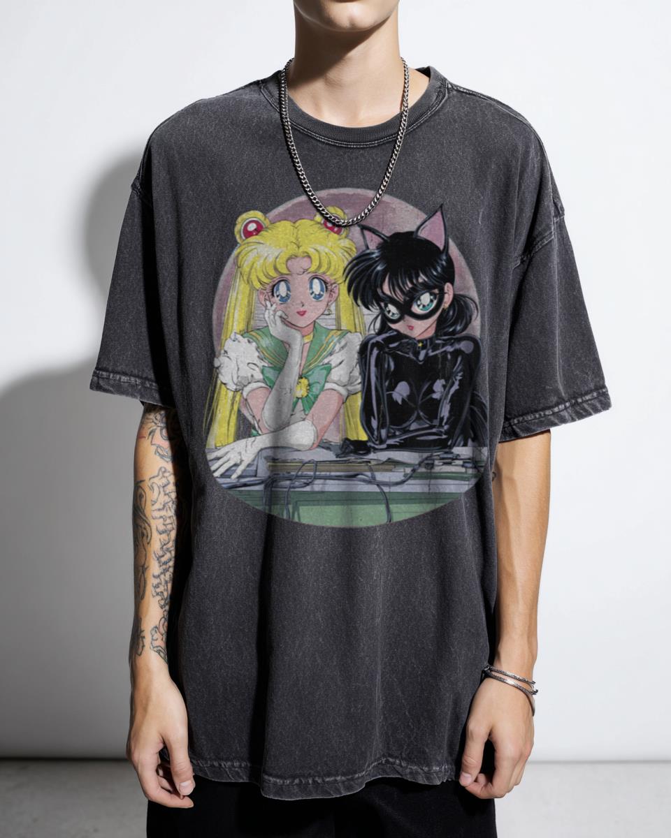 Sailor Moon & Catgirl Anime Friends T-Shirt - Retro Magical Girl Manga Style