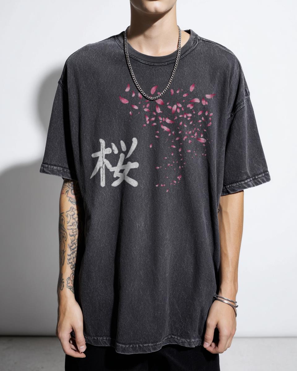 Sakura Leaf Flower Cherry Blossom Japanese Kanji T-Shirt - Pastel Pink Spring Floral Unisex