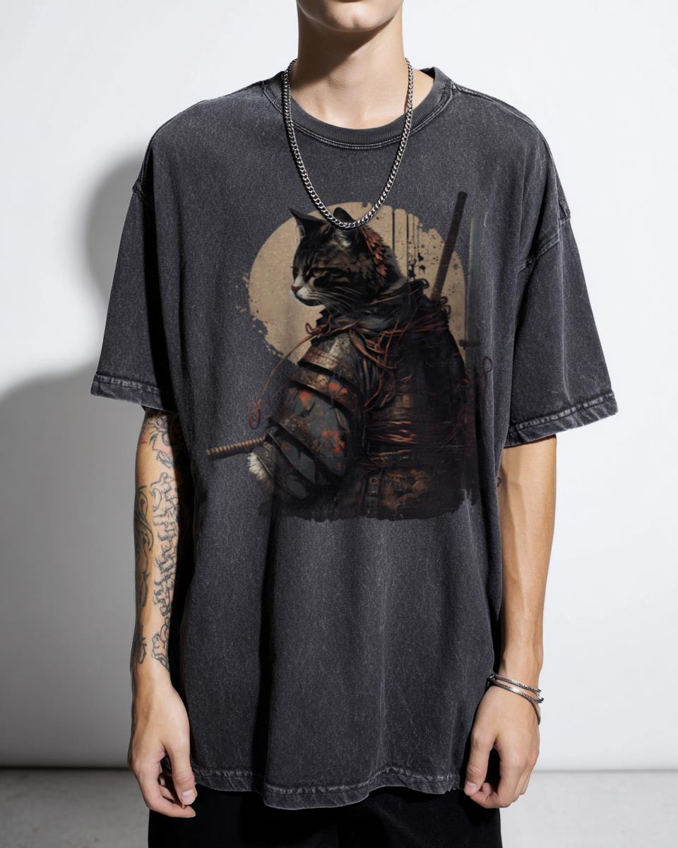 Samurai Cat Traditional Japanese Art T-Shirt - Warrior Kitten Ninja