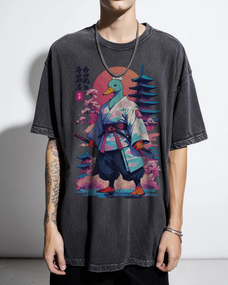 Samurai Duck Vaporwave Aesthetic Japanese T-Shirt - Retro Warrior Unisex