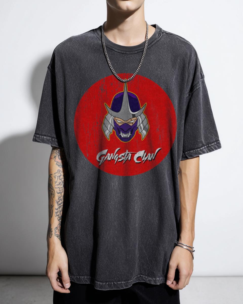 Samurai Gangsta Clan Tee | Oni Mask Streetwear Graphic - Acid Wash