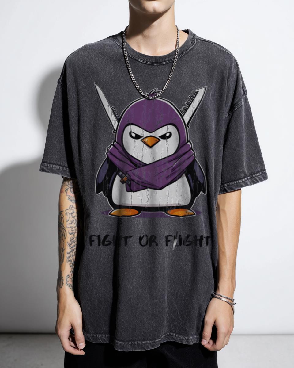 Sassy Ninja Penguin With Knives T-Shirt - Flightless Birds Ready to Fight Tee