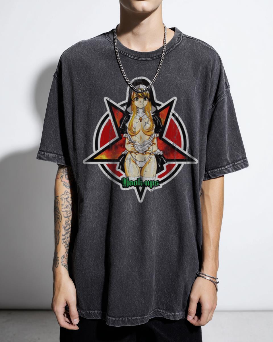 Satanic Pentagram Skateboard Anime Girl T-Shirt - Emo Japanese Hookups Style