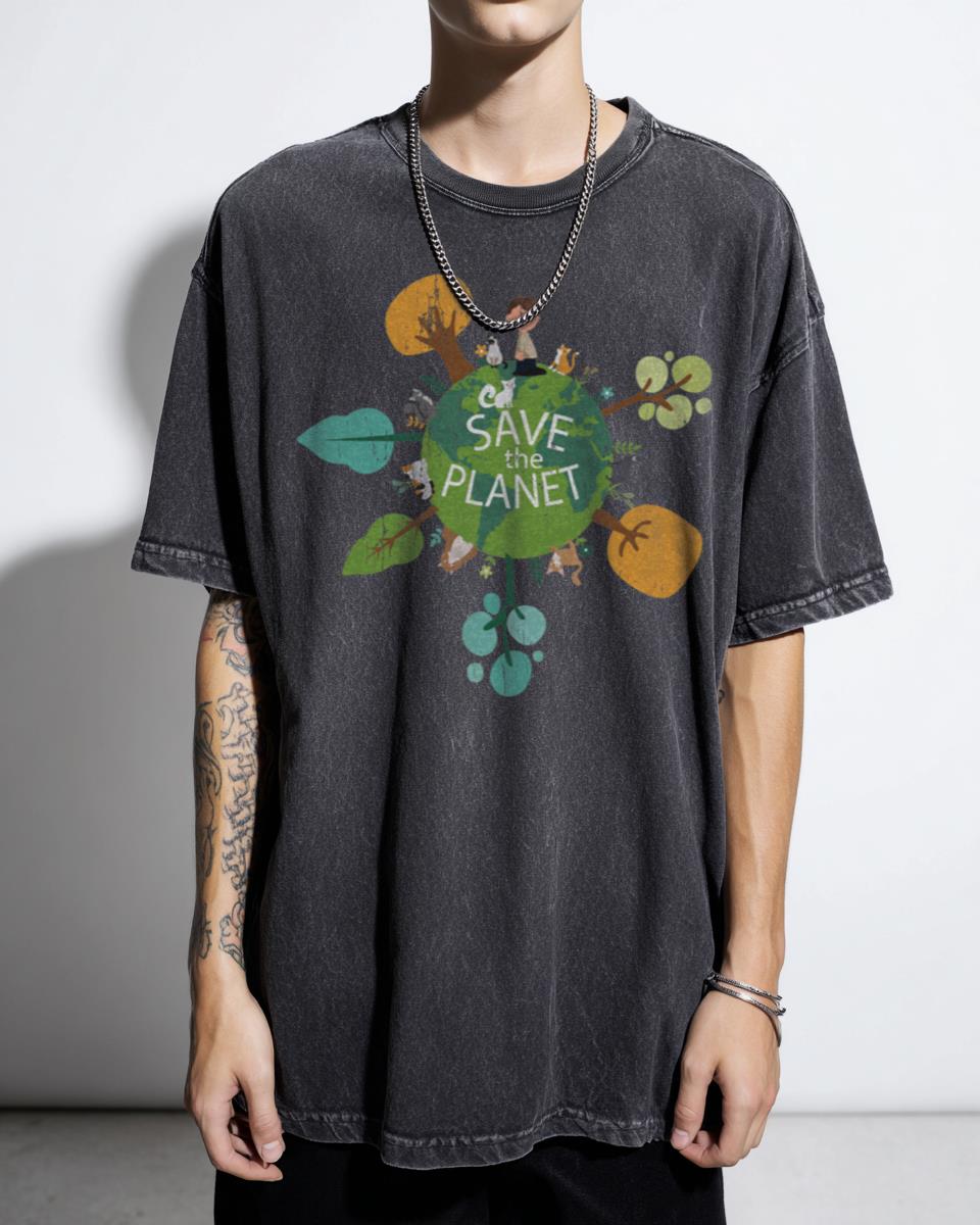 Save the Planet Earth Day Floral Bird Eco Cartoon Acidwash T-Shirt - Environmental Awareness
