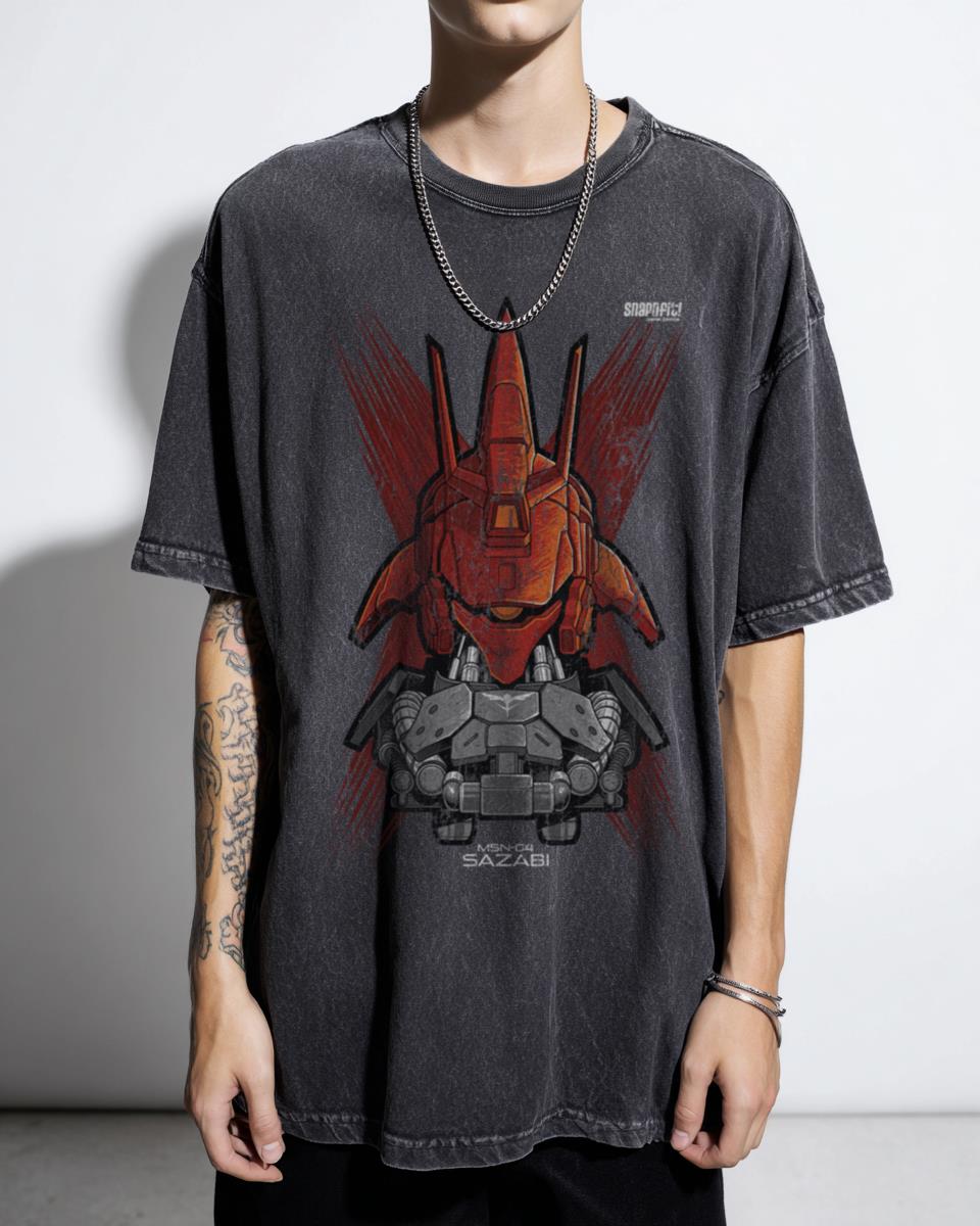 Sazabi Gundam Mecha Anime Robot Black Acidwash Tee