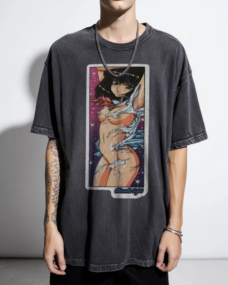 Sexy Anime Girl Tearing Vintage Clothes T-Shirt - Skater Waifu Art