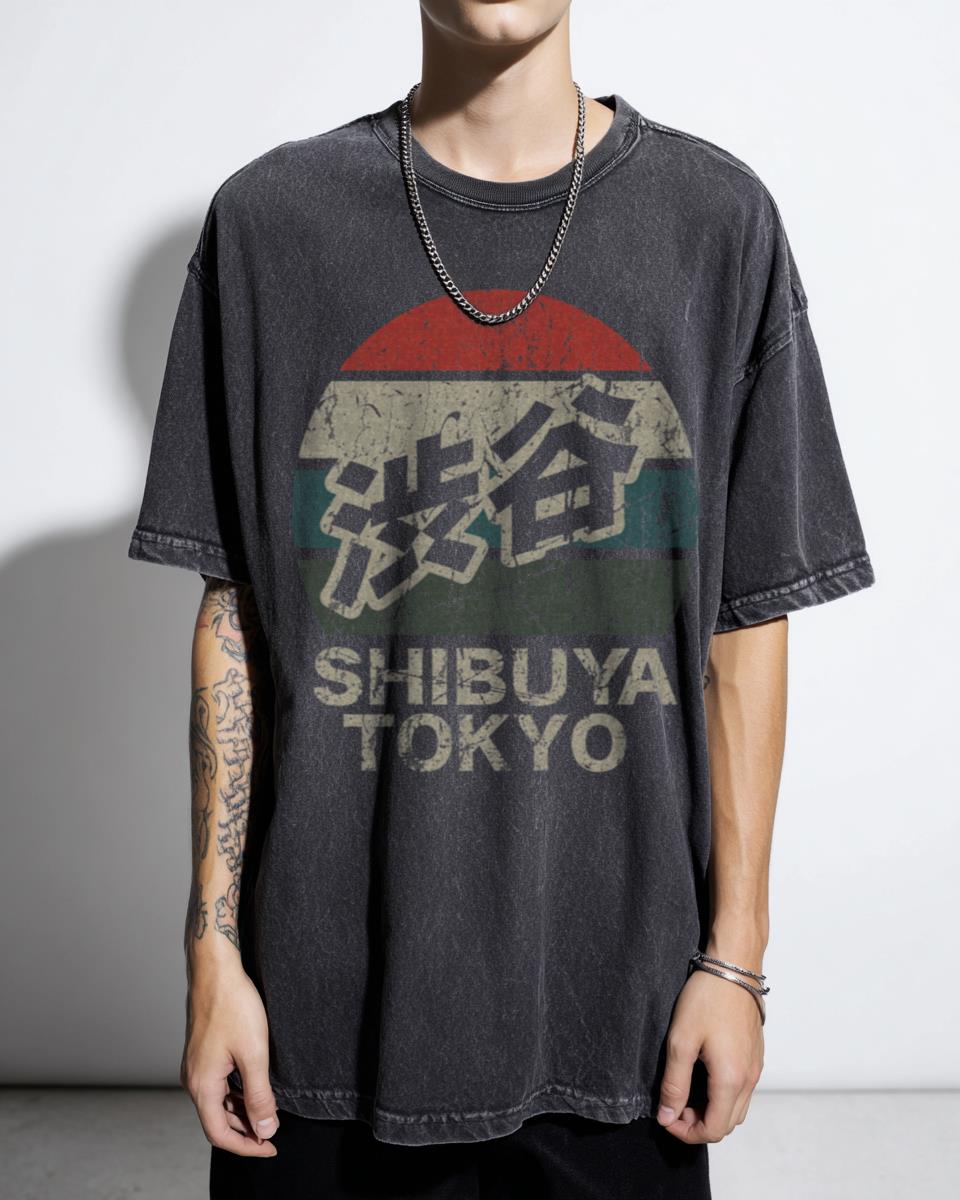 Shibuya Tokyo Japan Kanji Retro Sunset Acidwash Tee