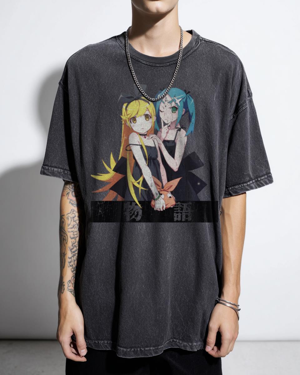 Shinobu x Yotsugi Monogatari Anime T-Shirt - Bakemonogatari Japanese Text Fan