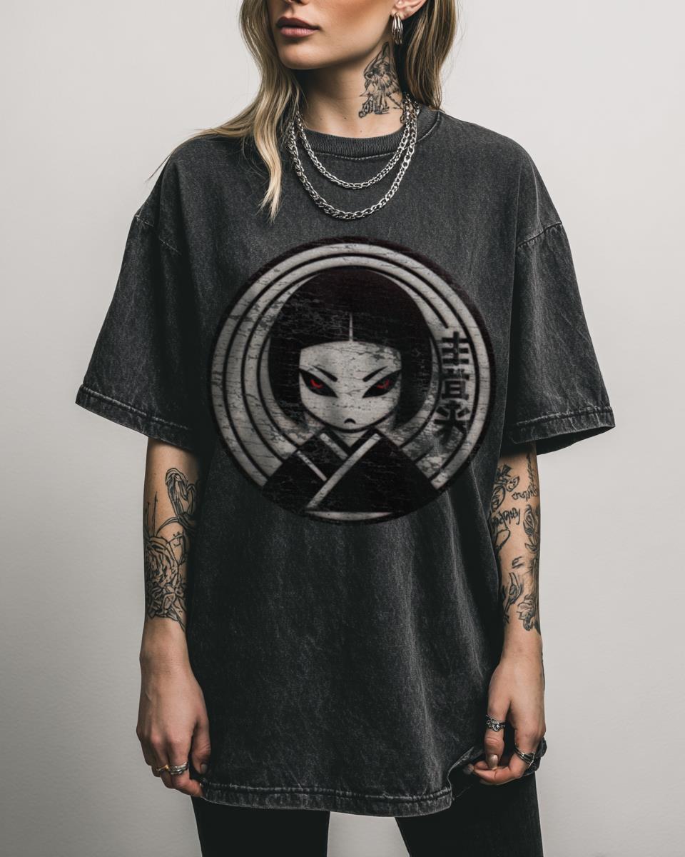 Sinister Geisha Japanese Comic Fantasy Acidwash Tee