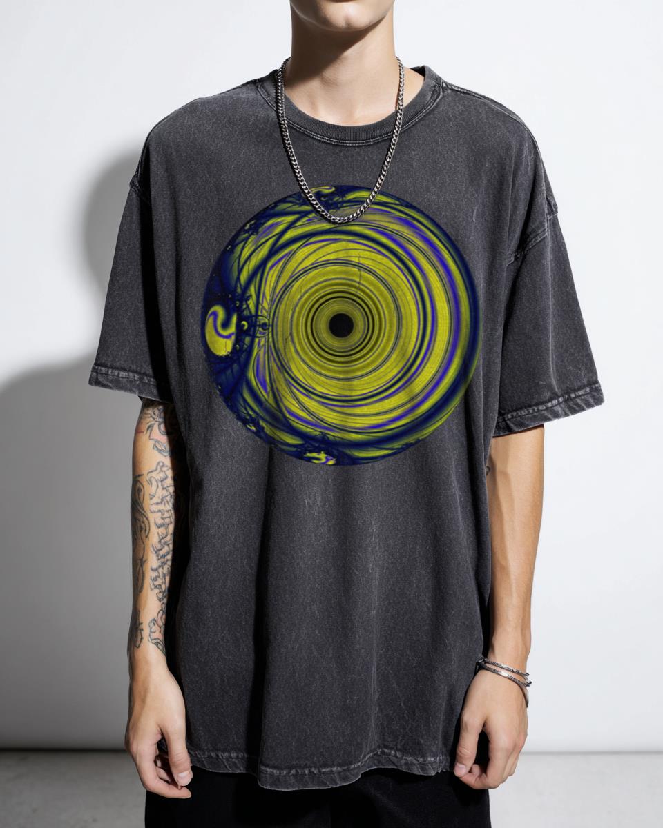 Sinuous Fractal Orb Art T-Shirt - Abstract Yellow Spirals Geometric Unisex