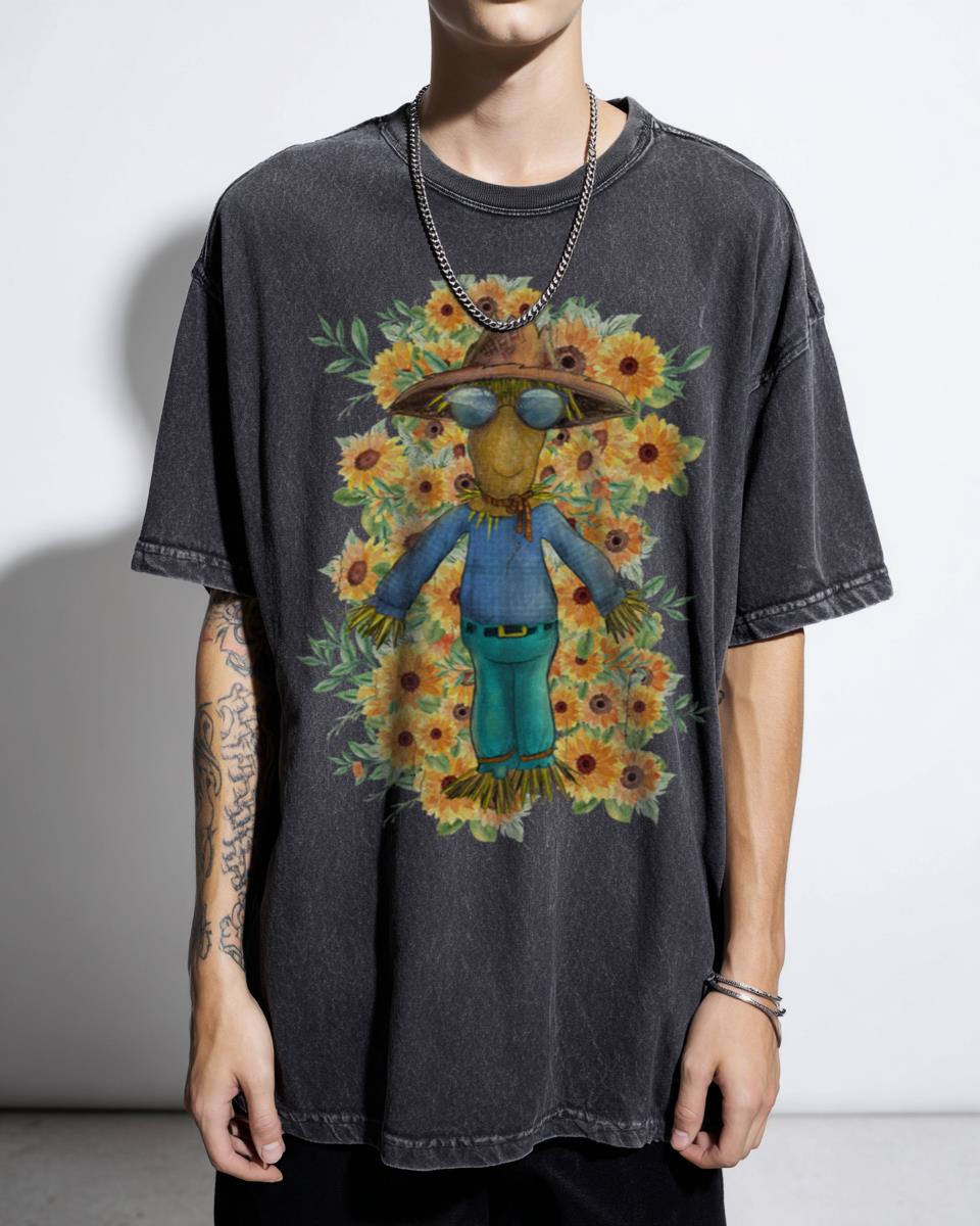 Smiling Scarecrow Yellow Flowers T-Shirt - Artistic Nature Relaxed Spring Gift
