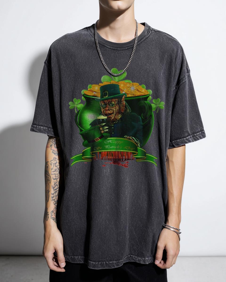 St Patrick's Day Horror Leprechaun Movie Tee | Black Acidwash