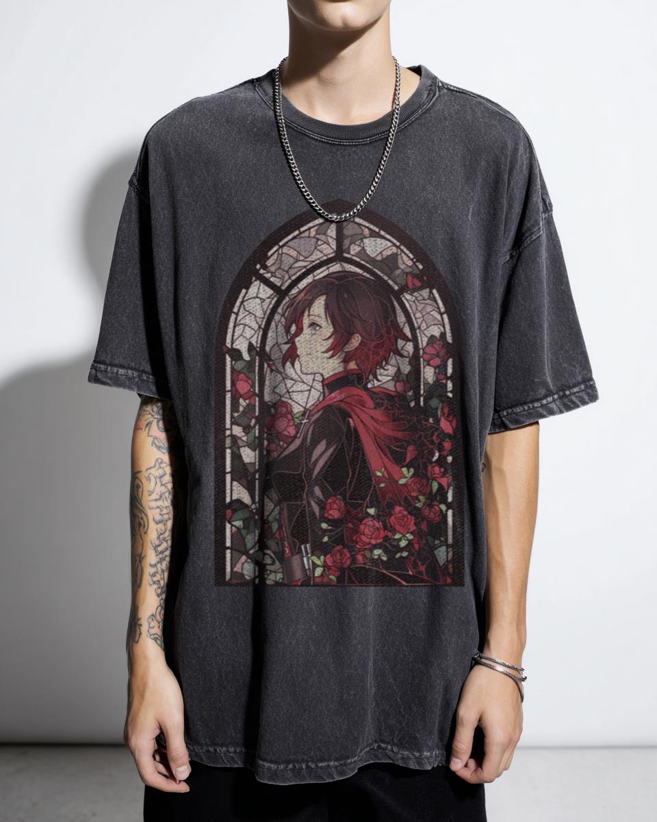 Stained Glass Ruby Rose RWBY T-Shirt | Anime Girl Flowers