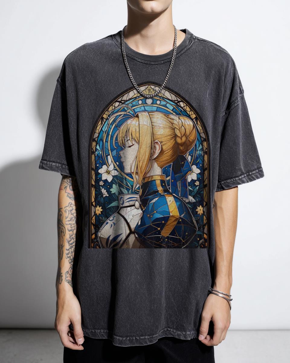 Stained Glass Saber Fate Series T-Shirt - King Arthur Artoria Anime Girl Unisex