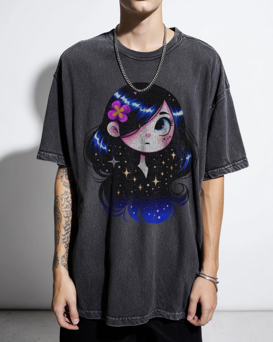 Starlit Thoughts Cosmic Anime Girl Black Acidwash Tee