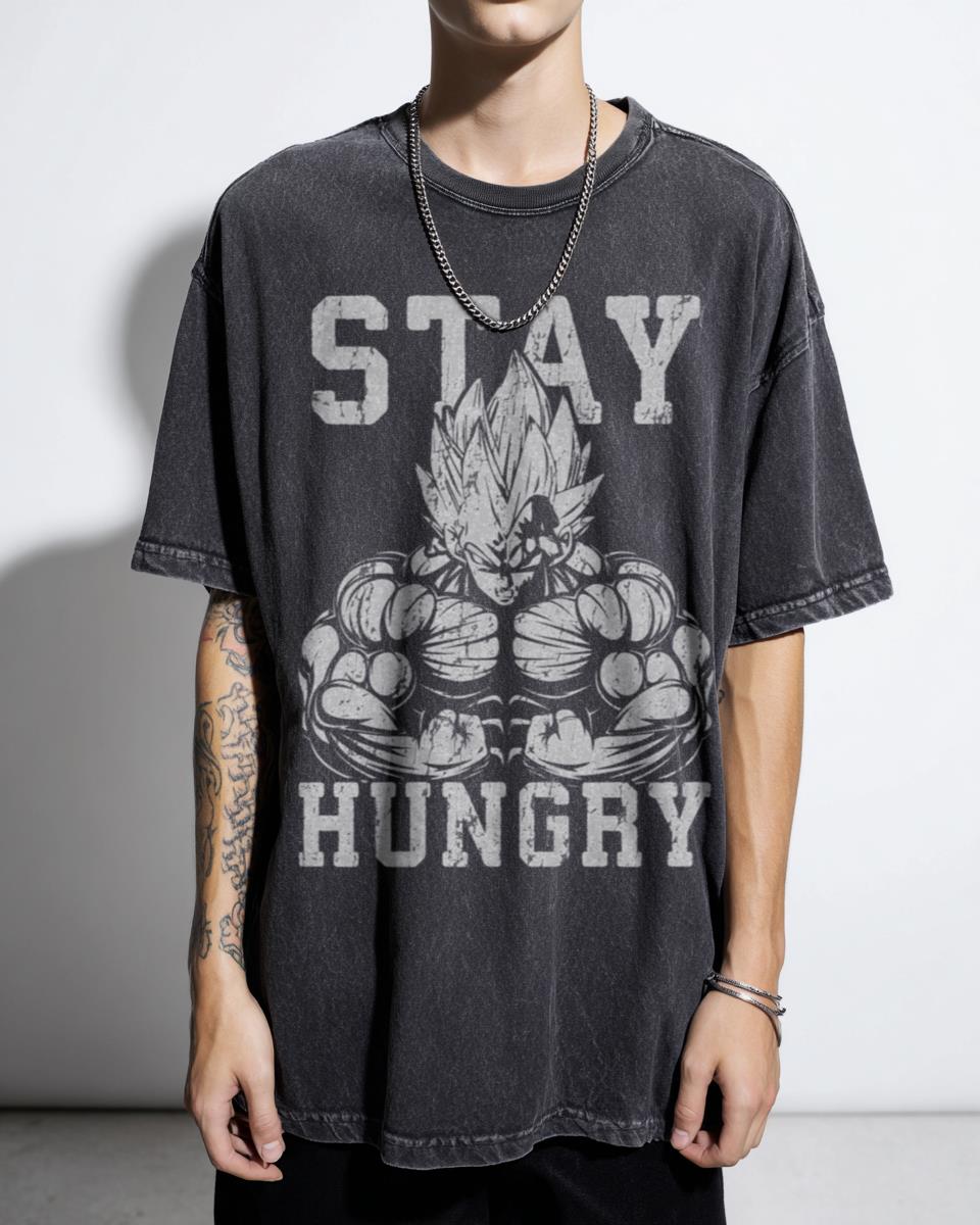 Stay Hungry Vegeta Anime Workout Gym Dragon Ball Z Acidwash Tee