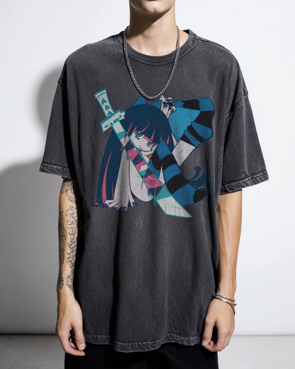 Stocking Panty & Stocking Anime Tee | Waifu Kawaii Black Acidwash