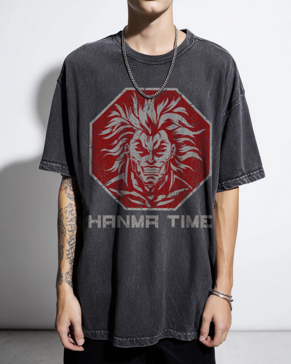 Stop, Hanma Time Baki Anime Tee | Fitness Training Black Acidwash