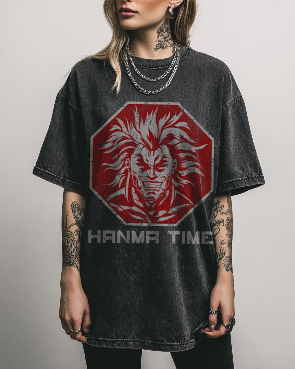 Stop, Hanma Time Baki Anime Tee | Fitness Training Black Acidwash