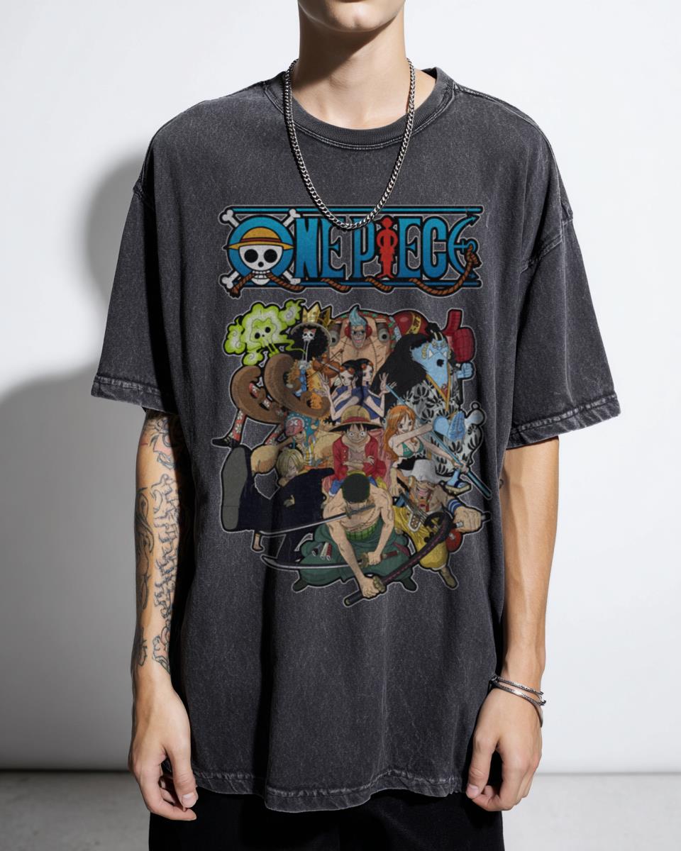 Straw Hat Crew One Piece Anime Tee | Luffy Zoro Black Acidwash
