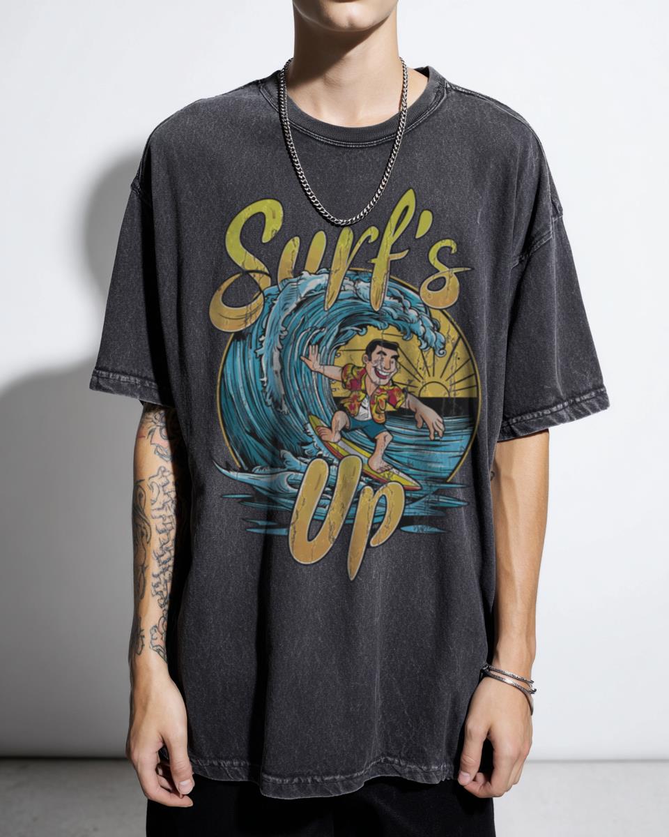 Surf Up Retro Funny Duck Anime T-Shirt - 80s Vintage Beach Food Humor Tee