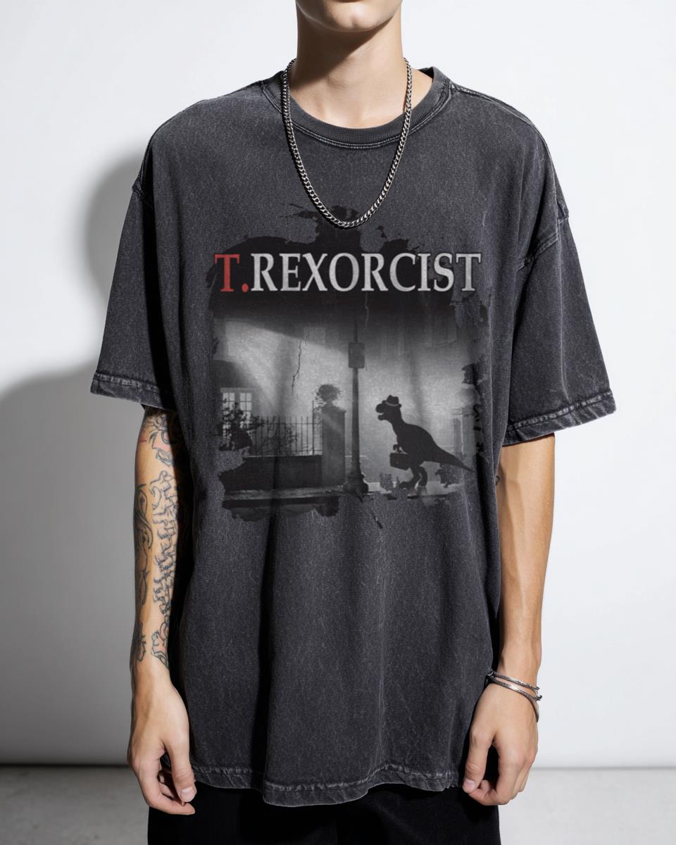 T.rexorcist Dinosaur Parody T-Shirt | Black Acidwash Funny T-Rex Tee