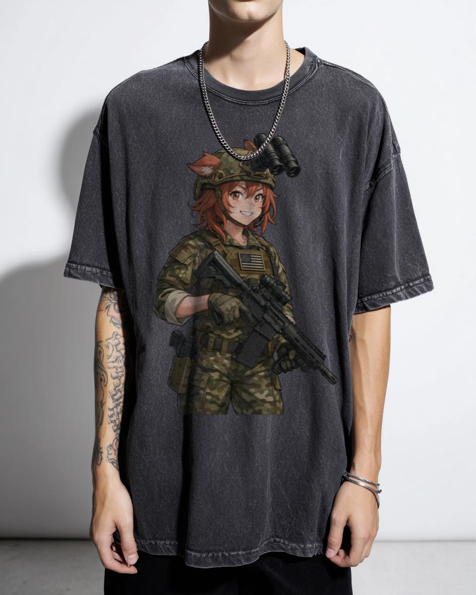 Tactical Kemonomimi Anime Girl T-Shirt - Military Waifu Shooter Combat Unisex