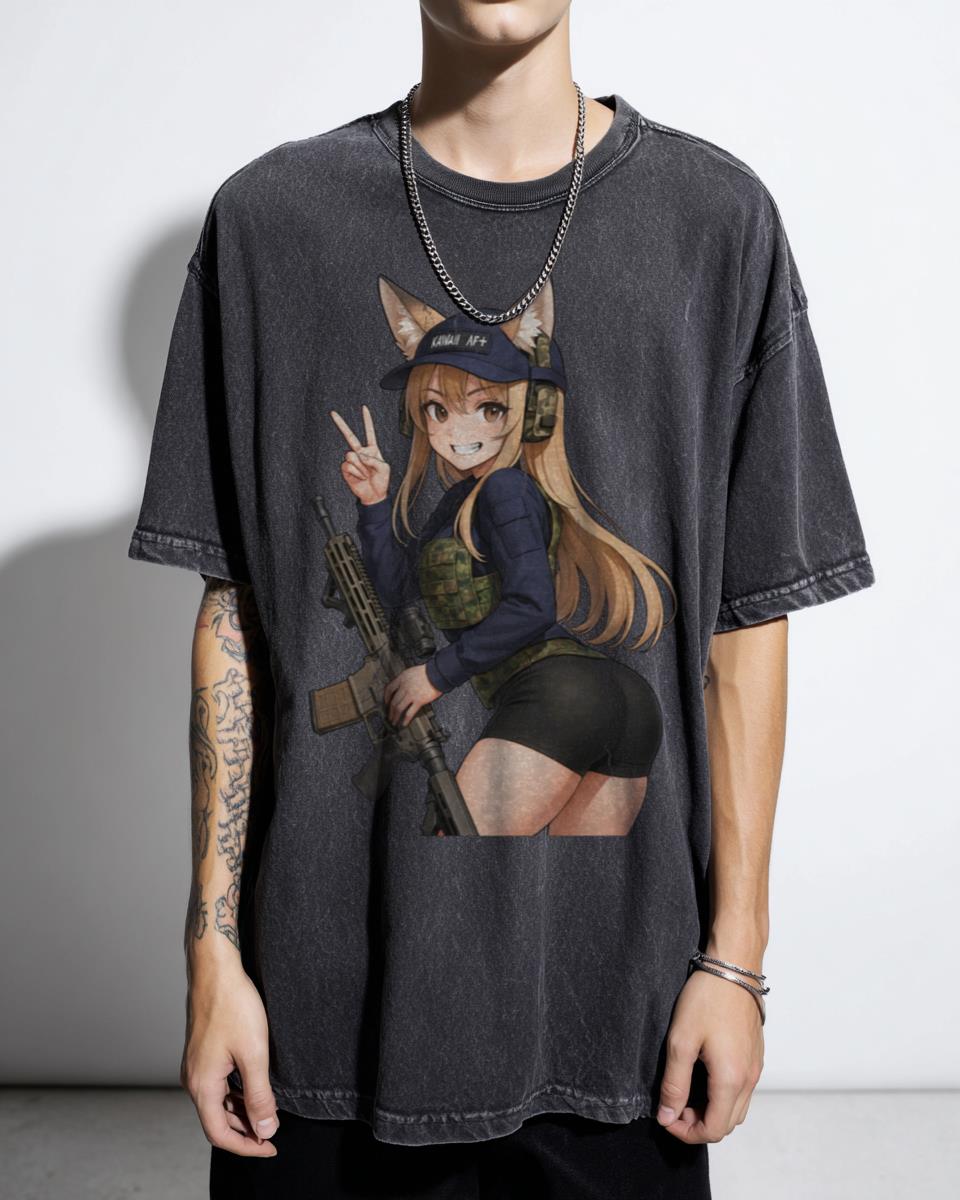 Tactical Kemonomimi Anime Girl T-Shirt - Military Waifu Shooter Combat Unisex
