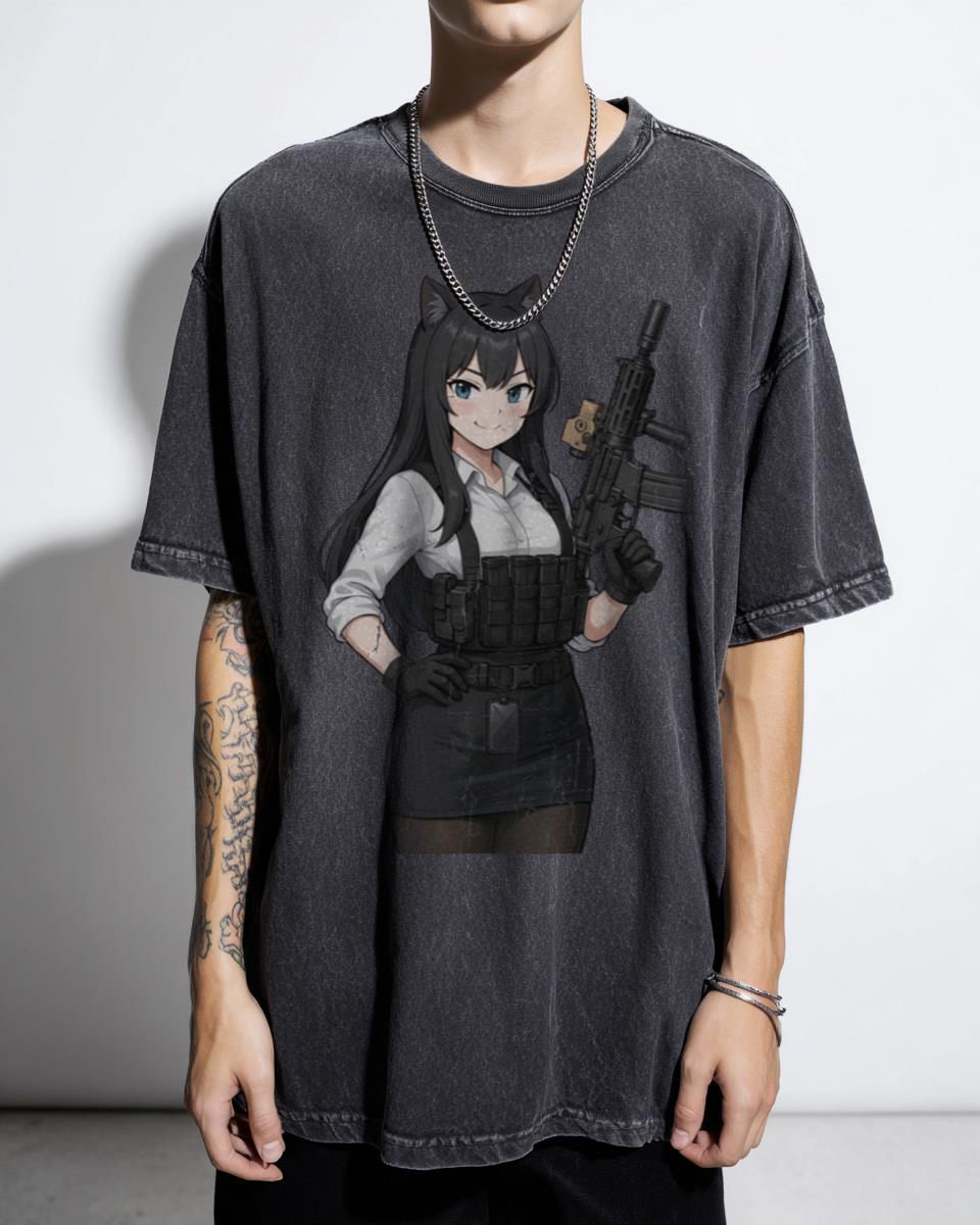 Tactical Kemonomimi Anime Girl T-Shirt - Military Waifu Shooter Combat Unisex