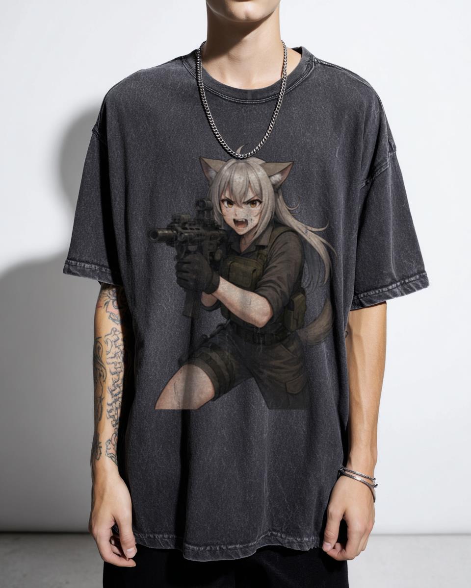 Tactical Kemonomimi Anime Girl T-Shirt - Military Waifu Shooter Combat Unisex