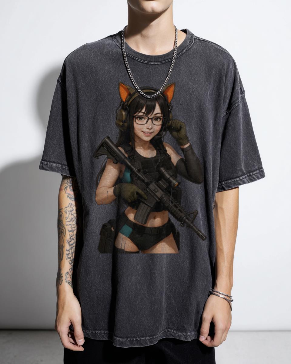 Tactical Kemonomimi Anime Girl T-Shirt - Military Waifu Shooter Combat Unisex