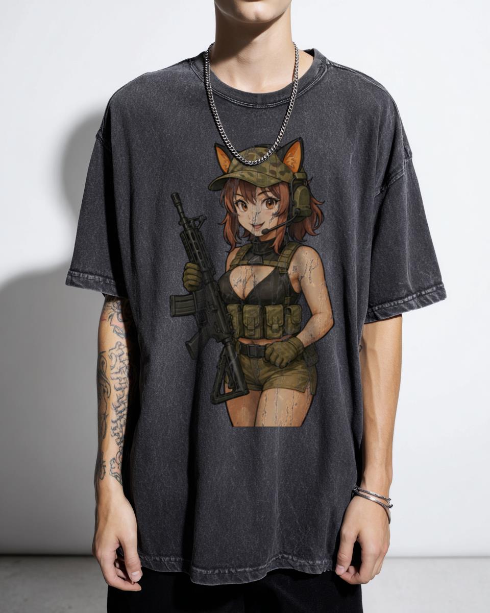 Tactical Kemonomimi Anime Girl T-Shirt - Military Waifu Shooter Combat Unisex