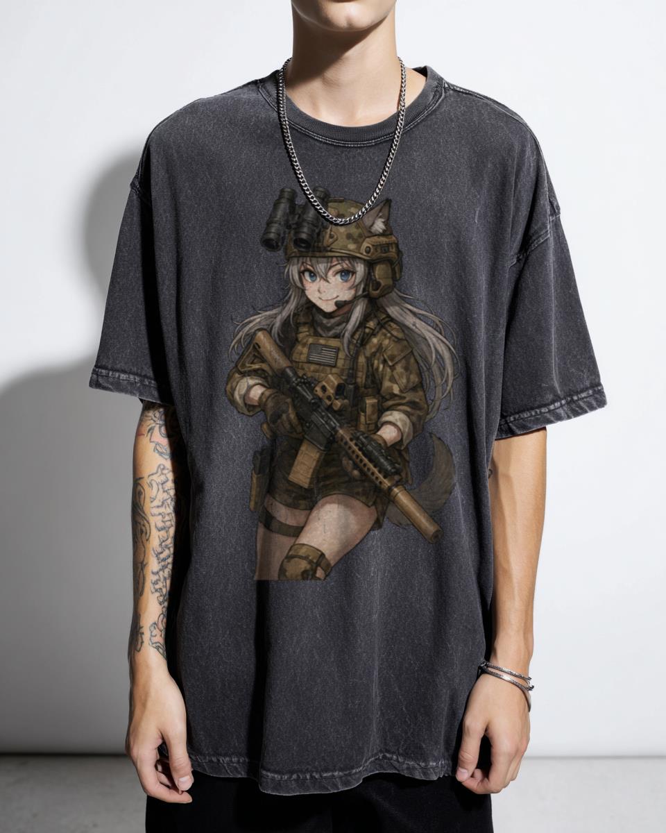 Tactical Kemonomimi Anime Girl T-Shirt - Military Waifu Shooter Combat Unisex
