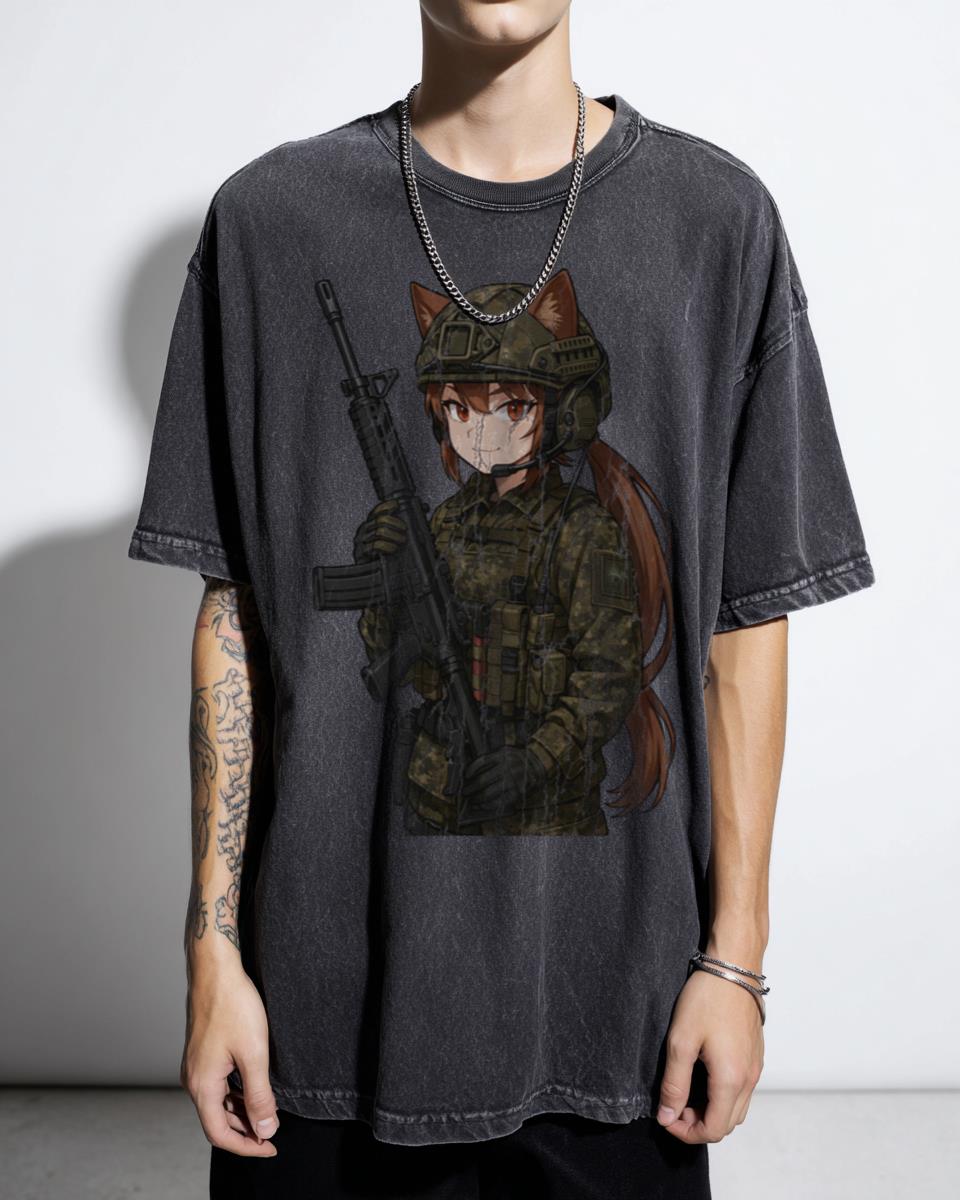 Tactical Kemonomimi Anime Girl T-Shirt - Military Waifu Shooter Combat Unisex