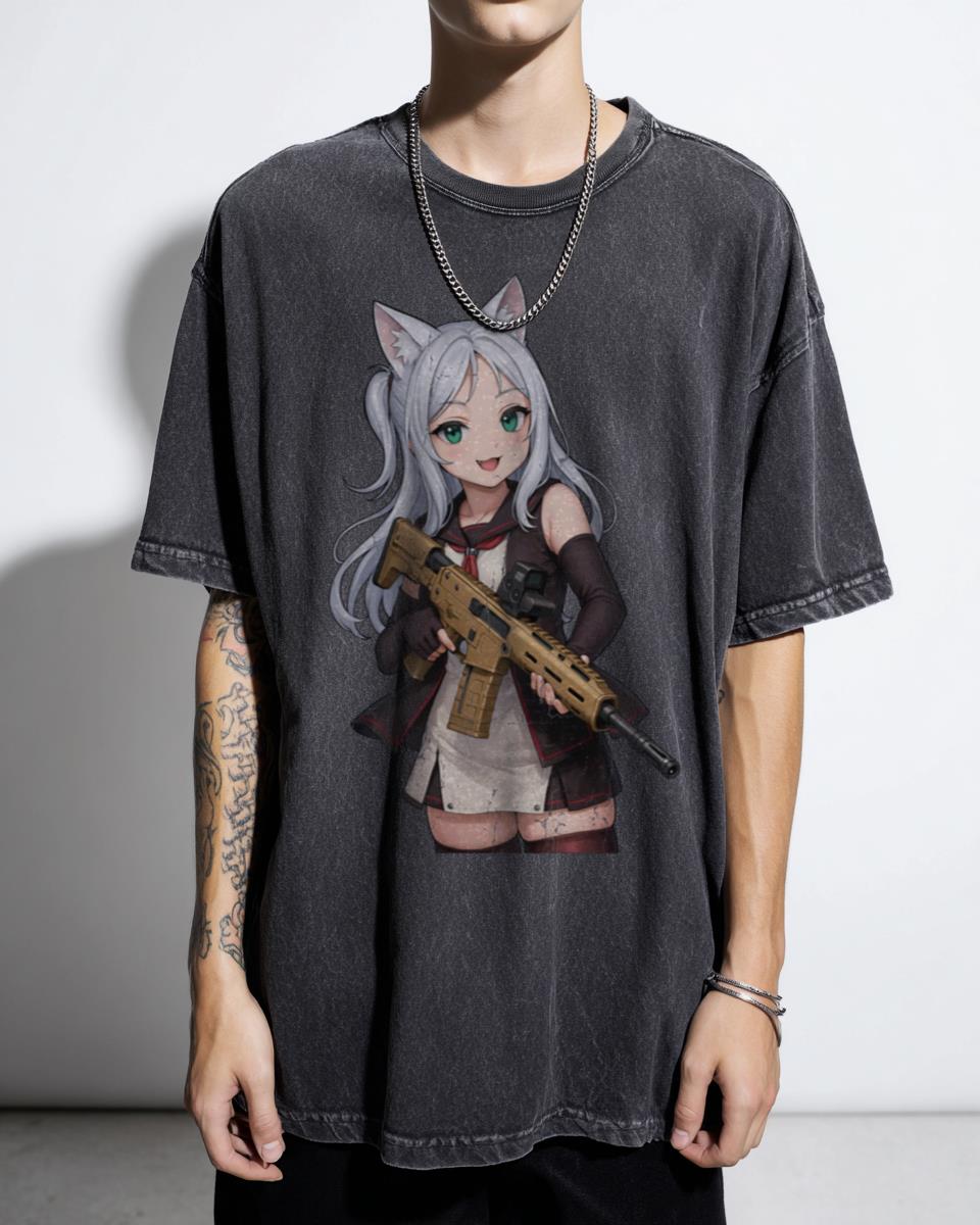 Tactical Kemonomimi Anime Girl T-Shirt - Military Waifu Shooter Combat Unisex