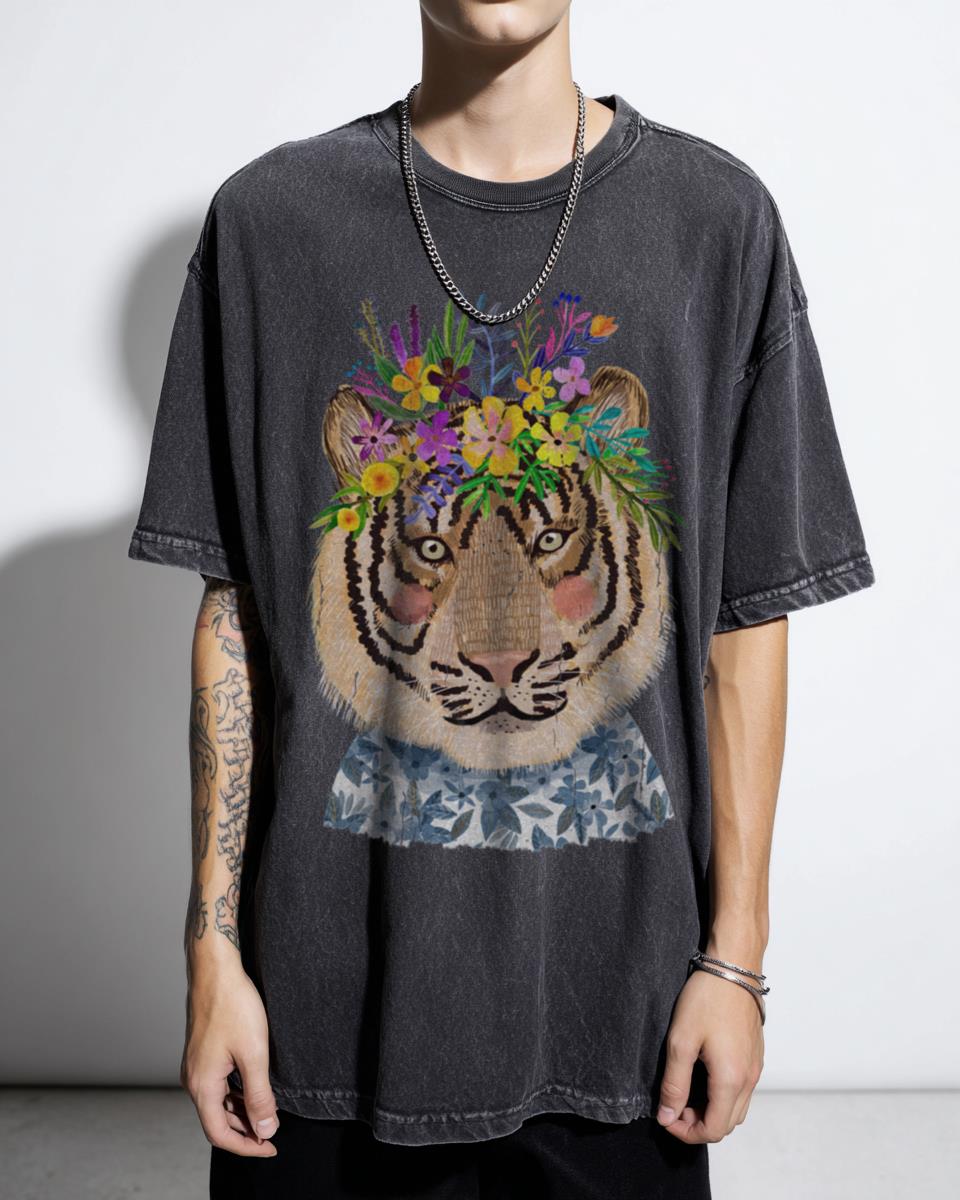Tiger with Flower Crown T-Shirt | Wild Animal Portrait Tee