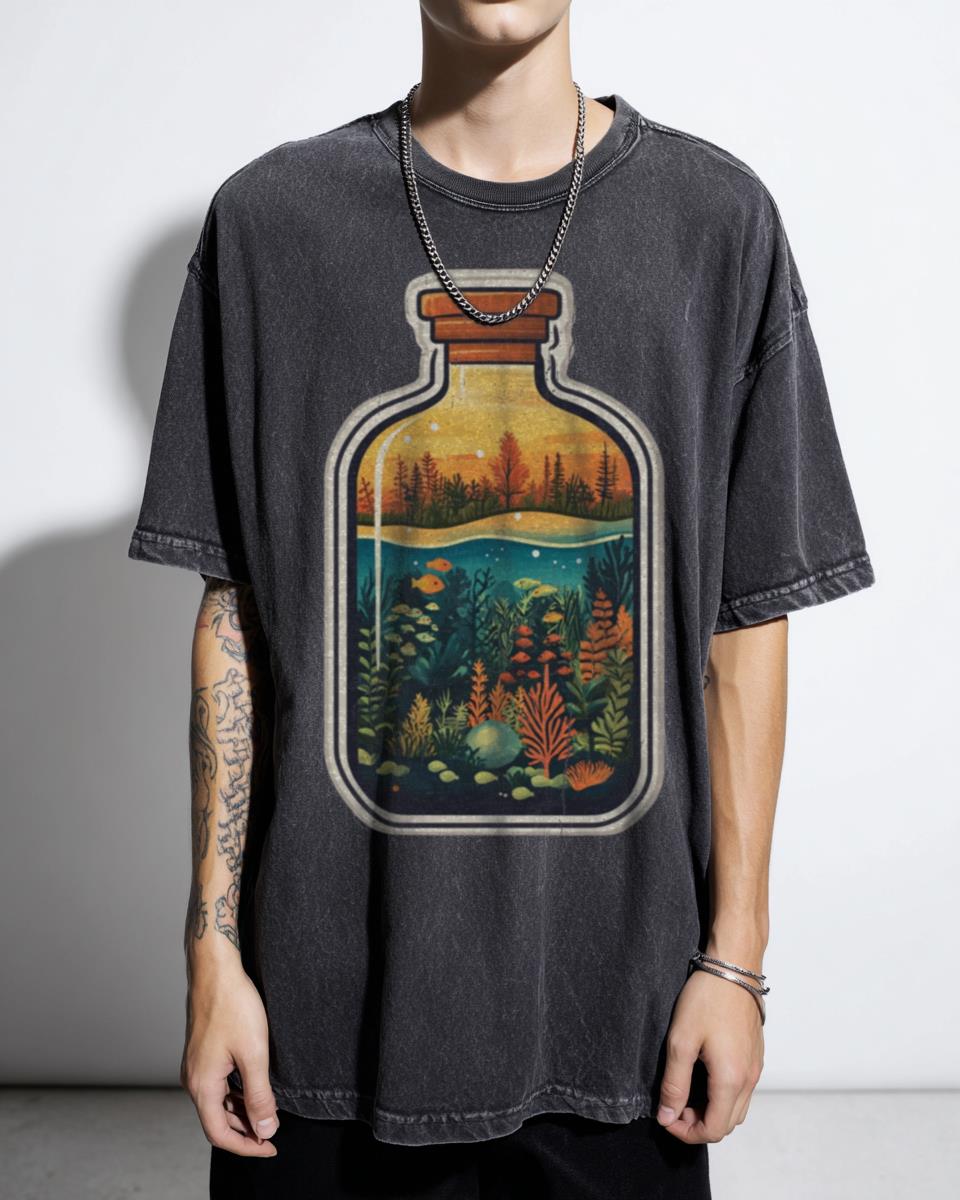Tiny Ocean Glass Bottle Aesthetic T-Shirt - Clear Sea Life Stream World Art