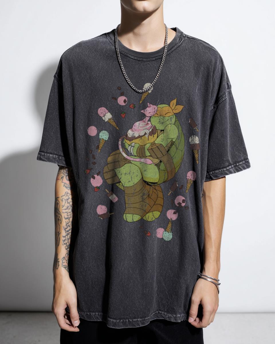 TMNT Michelangelo Ice Cream Kitty 'Sweet Besties' Black Acidwash T-Shirt