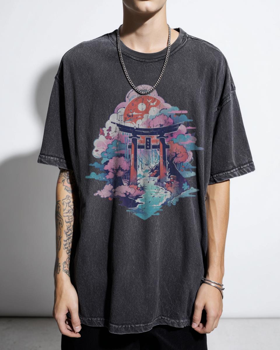 Tori Gate Full Moon T-Shirt | Japanese Landscape Sakura Anime